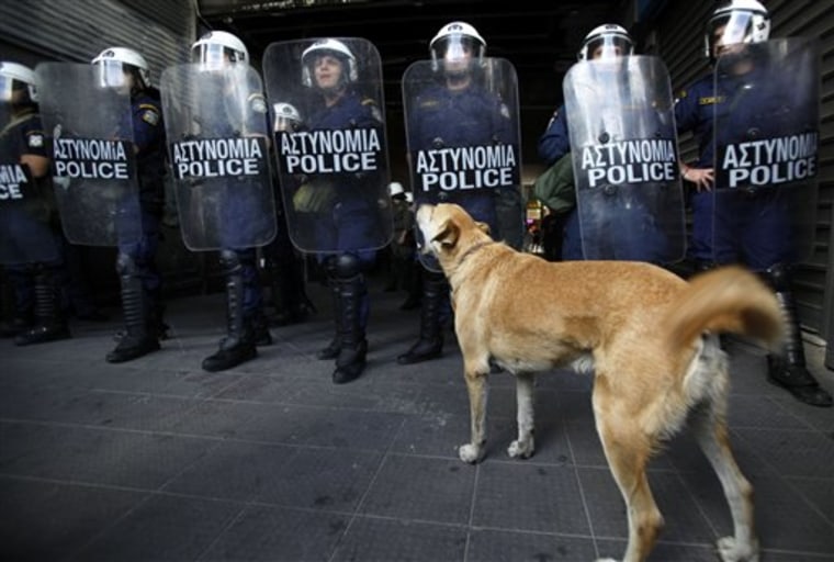 A dog barks at riot police during a protest outside the Finance Ministry in Athens, Friday, Oct. 14, 2011. Buses, metro trains, trams and taxis were not running in the Greek capital, snarling traffic as public transport workers walked off the job for a second day in an unrelenting barrage of protests against government austerity measures. (AP Photo/Kostas Tsironis)